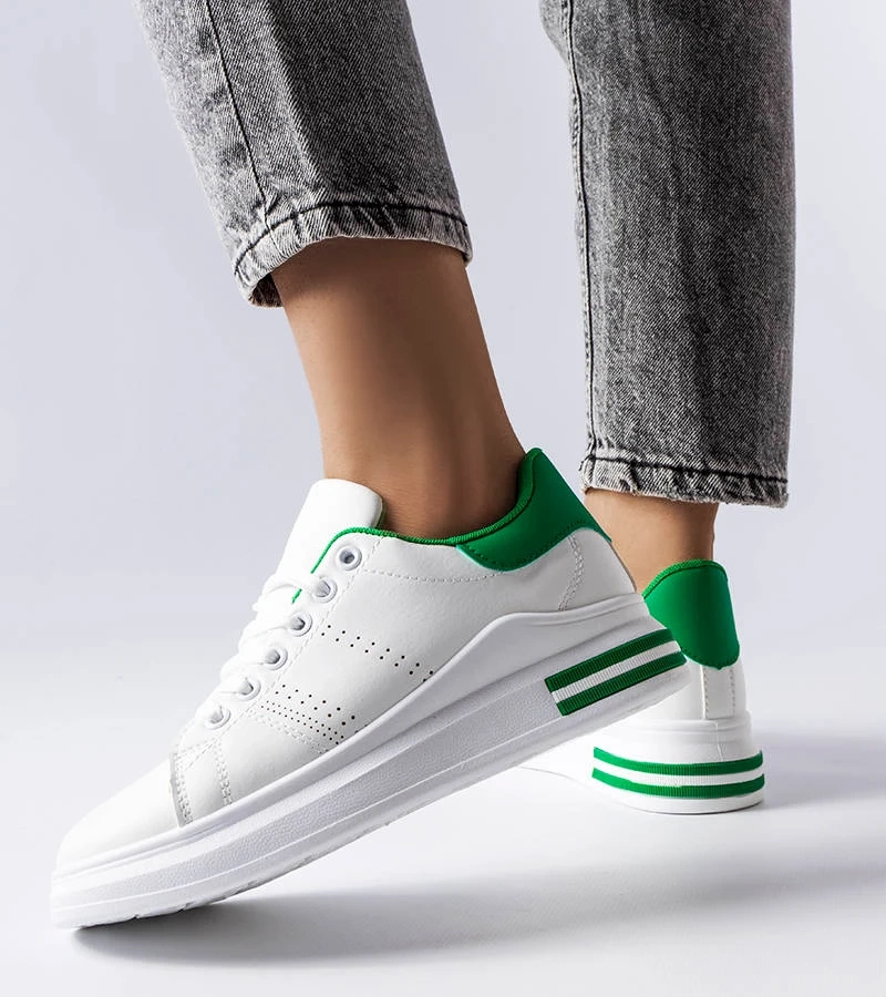 Biało-zielone sznurowane sneakersy na podwyższonej podeszwie