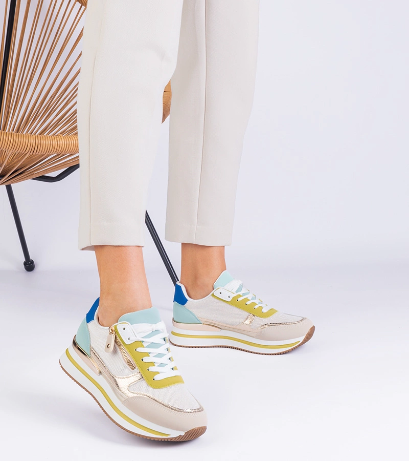 Hers sneakersy damskie zielone na platformie ze złotą wstawką