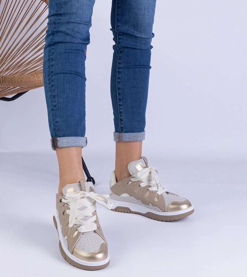 Hers sneakersy damskie beżowe z dekoracyjnym sznurowaniem