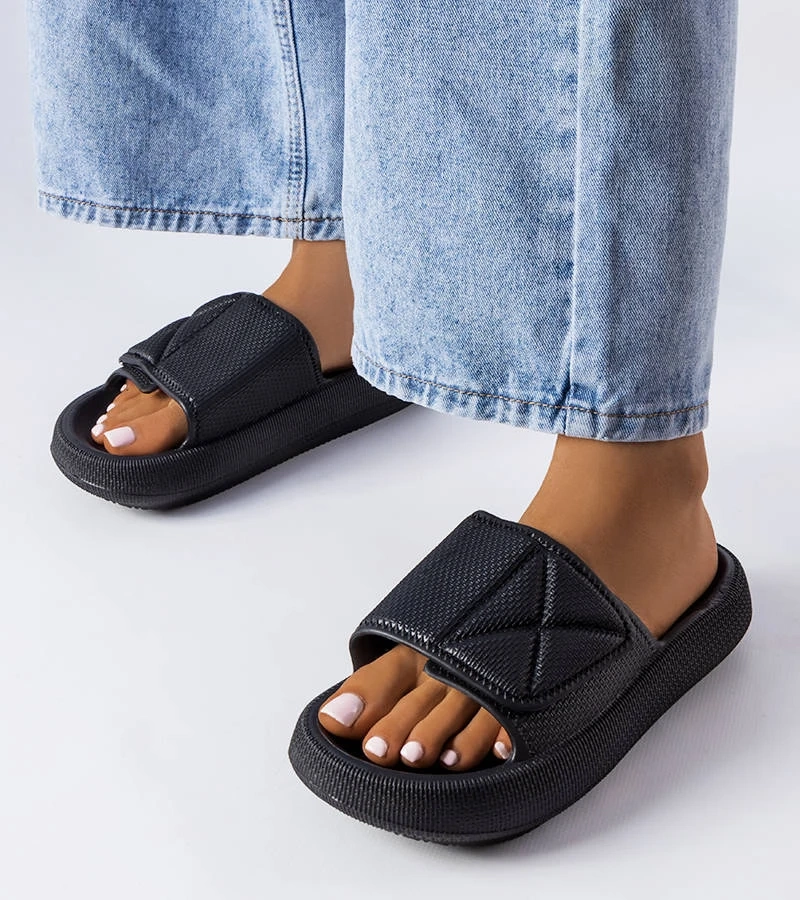 Hers Czarne gumowe klapki na rzepy