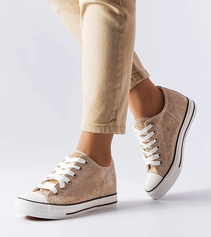 Hers Złote trampki na koturnie brokatowe