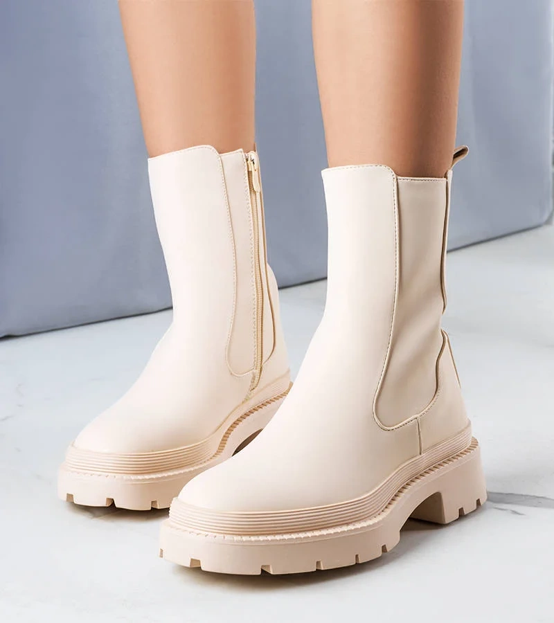 Kremowe matowe botki ocieplane