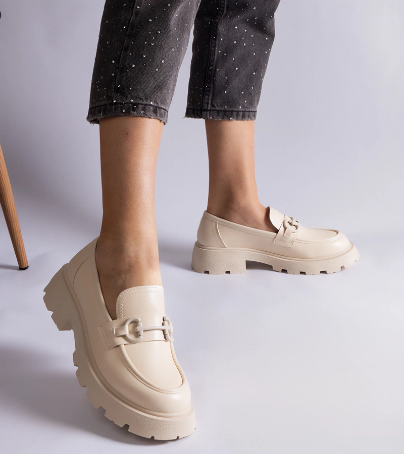 Hers Półbuty Damskie Beżowe Mokasyny z Eko Skóry ze Złotym Zdobieniem