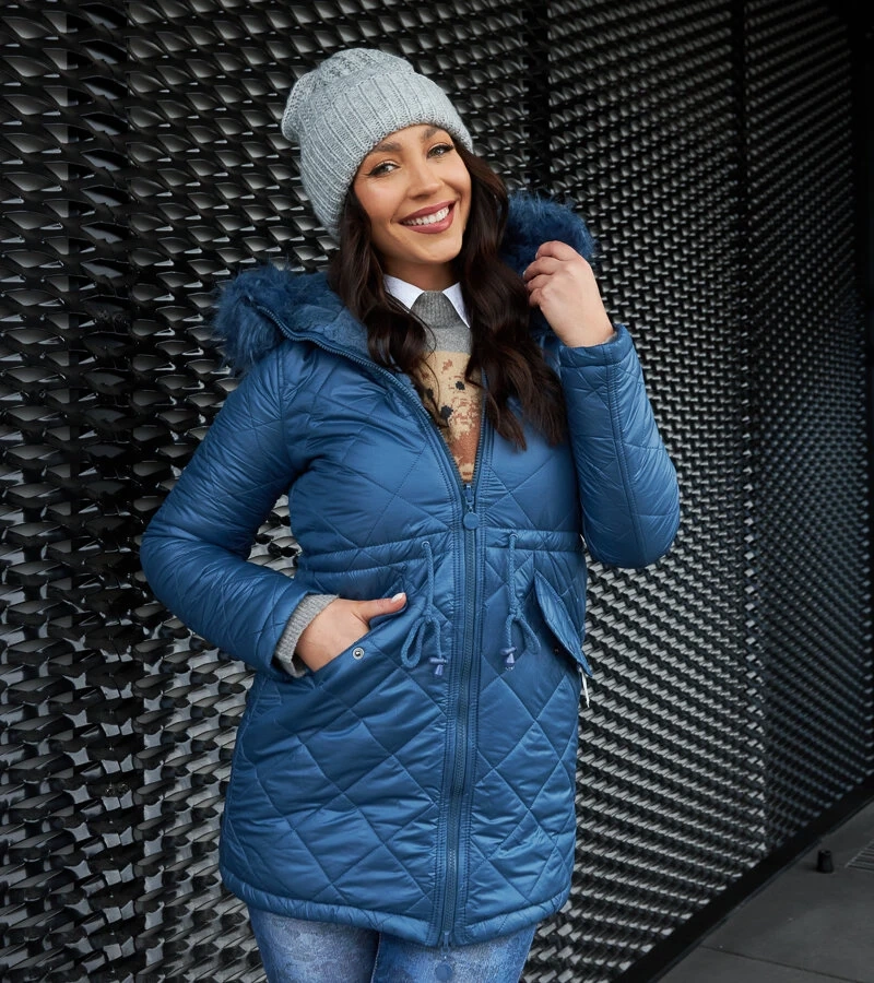 Granatowa dwustronna kurtka z taliowaniem