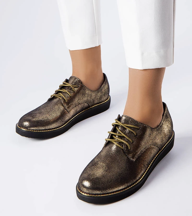 Złote brokatowe półbuty ze złotą lamówką