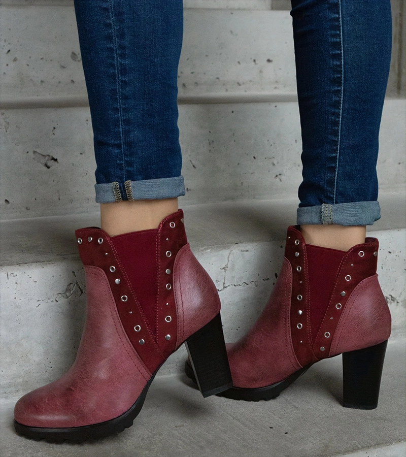 Bordowe ocieplane botki na słupku