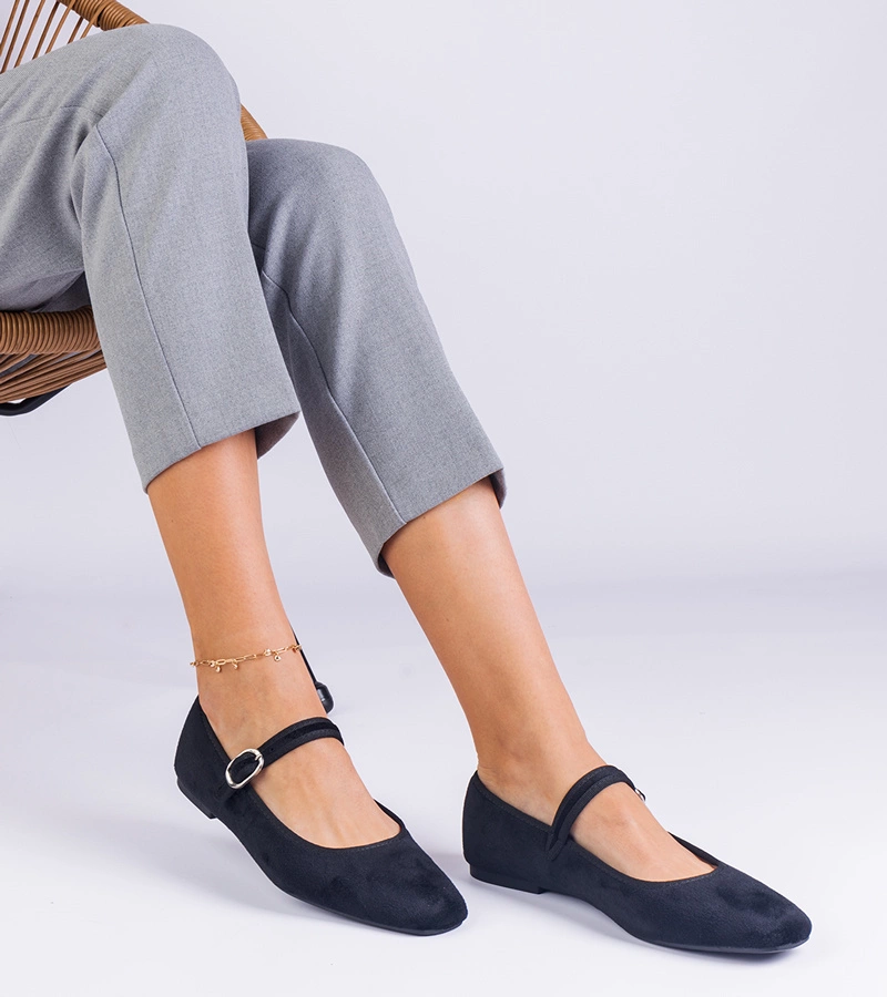 Hers baleriny damskie czarne z gumką i kwadratowym noskiem