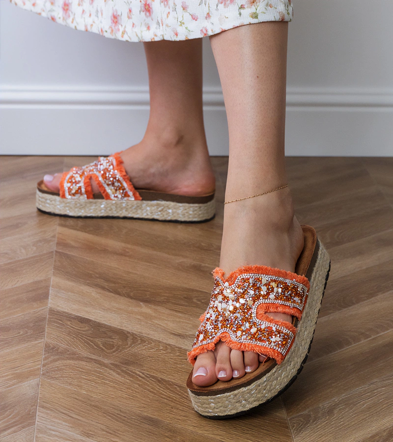 Hers Pomarańczowe klapki espadryle z cyrkoniami i kamykami