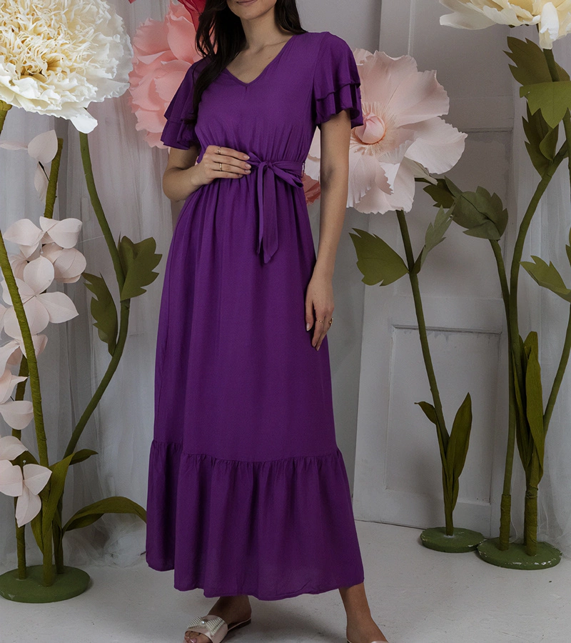 Fioletowa sukienka maxi z krótkim rękawem
