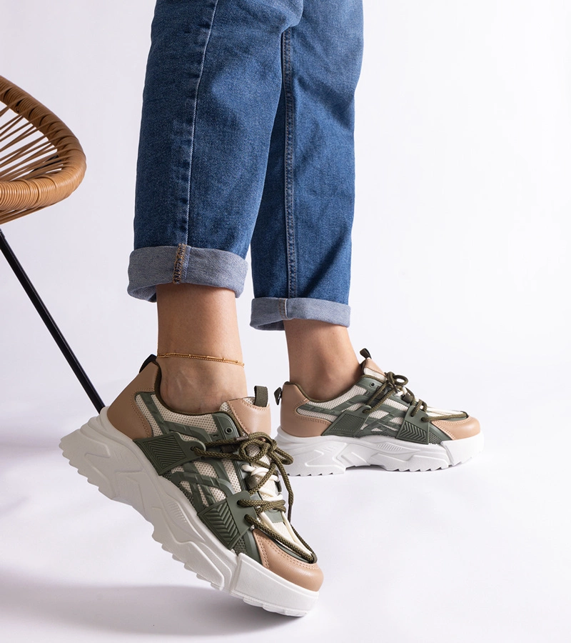 Hers sneakersy damskie zielono-beżowe z unikalnym designem