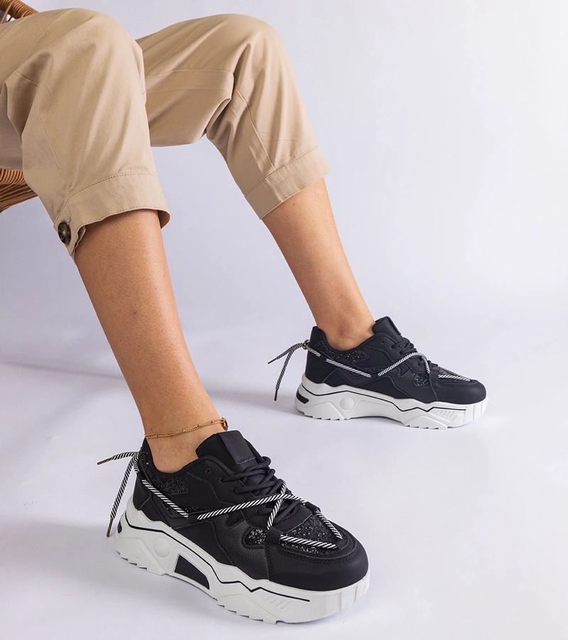 Czarne sneakersy damskie z brokatem