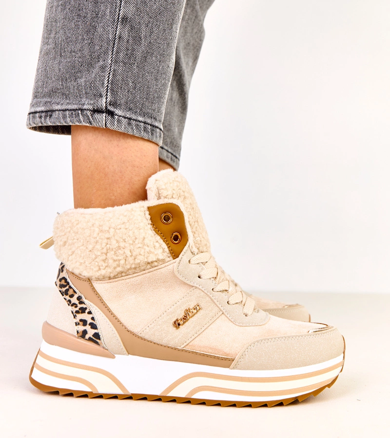 Hers Beżowe sneakersy wysokie ocieplane z kożuszkiem