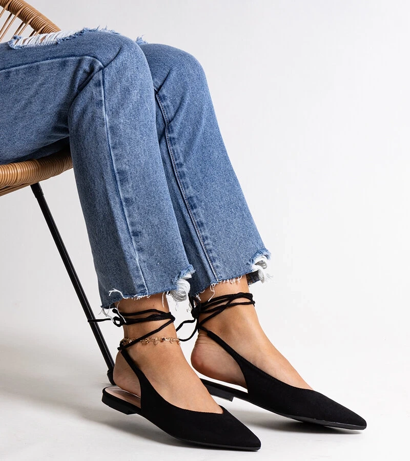 Wiązane czarne balerinki z odkrytą piętą