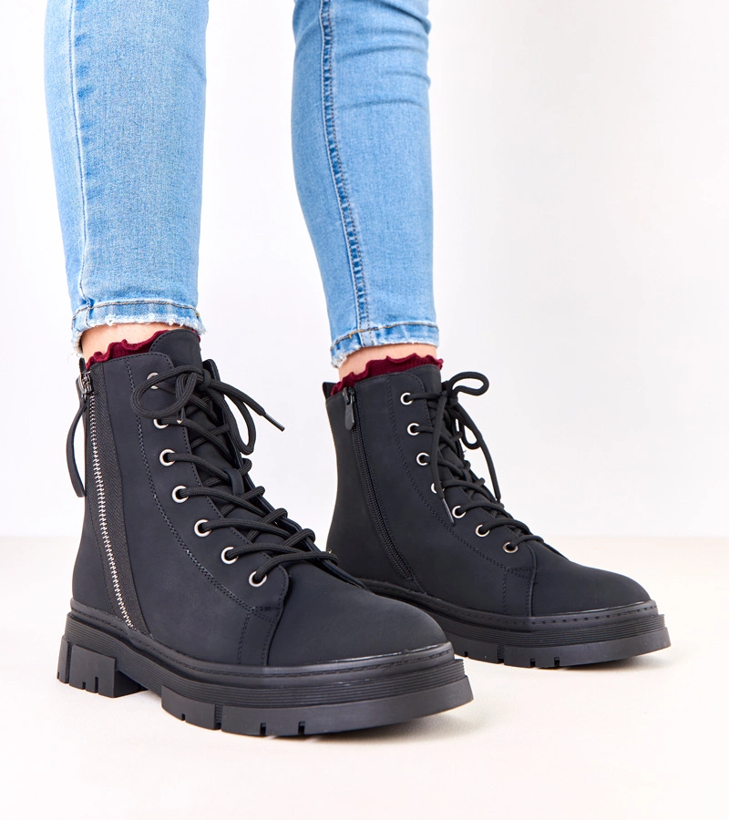 Hers Czarne traperki damskie ekoskóry matowej