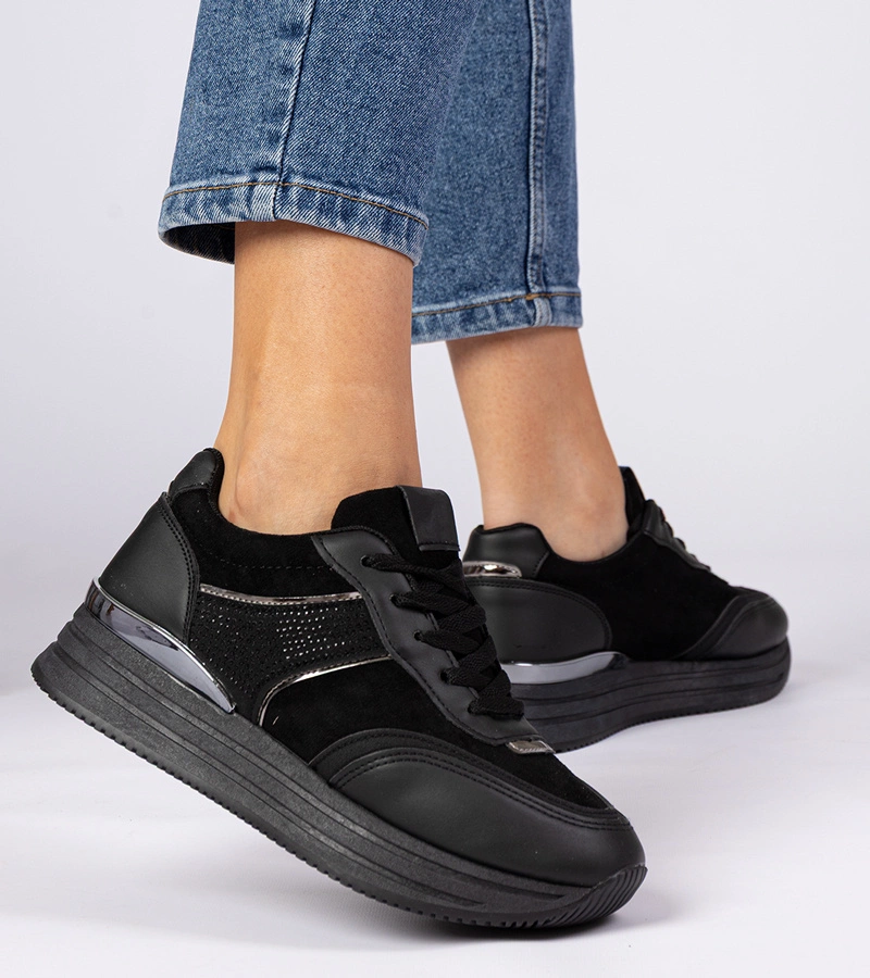 Hers Czarne sneakersy damskie na platformie z cyrkoniami