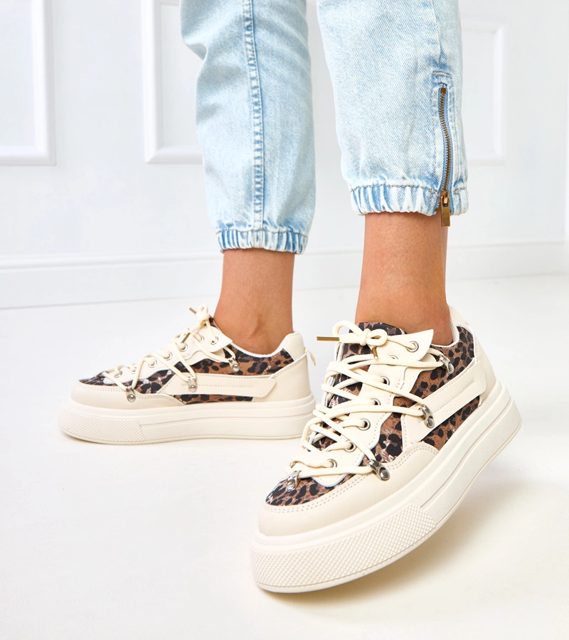 Hers beżowe damskie sneakersy na platformie z panterką