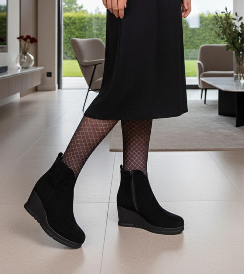 Hers Czarne botki na koturnie z ekozamszu