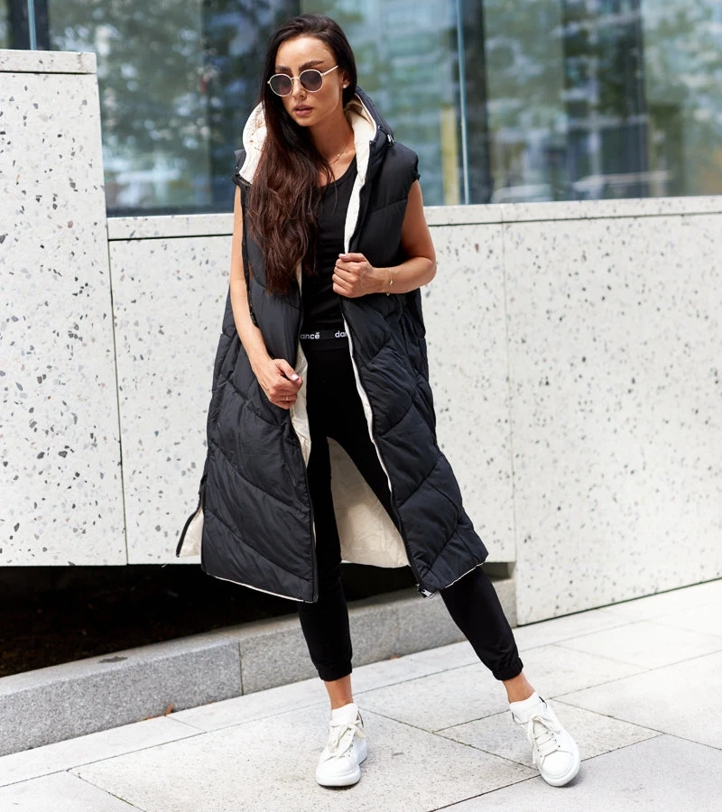 Czarno-beżowa długa dwustronna kamizelka