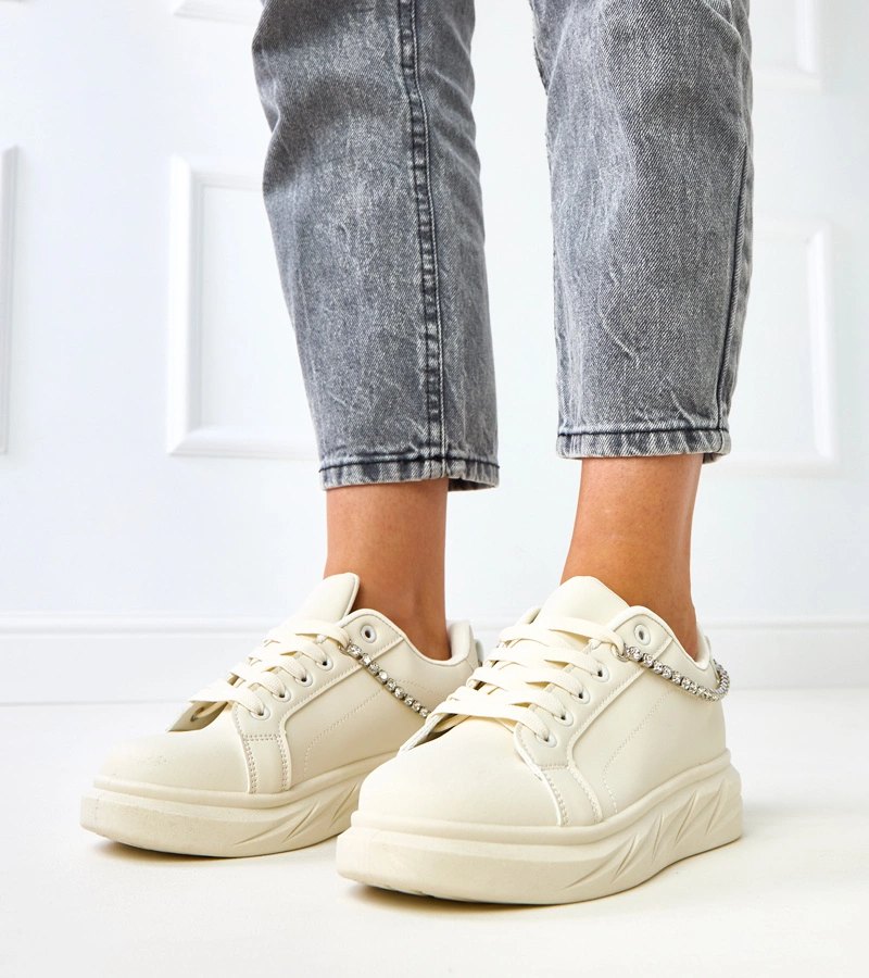 Hers Beżowe damskie sneakersy na platformie z cyrkoniami