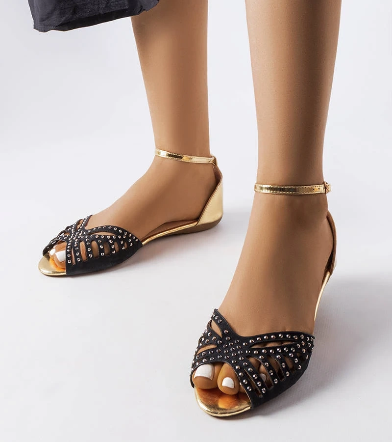 Hers Czarne płaskie sandały zdobione cyrkoniami