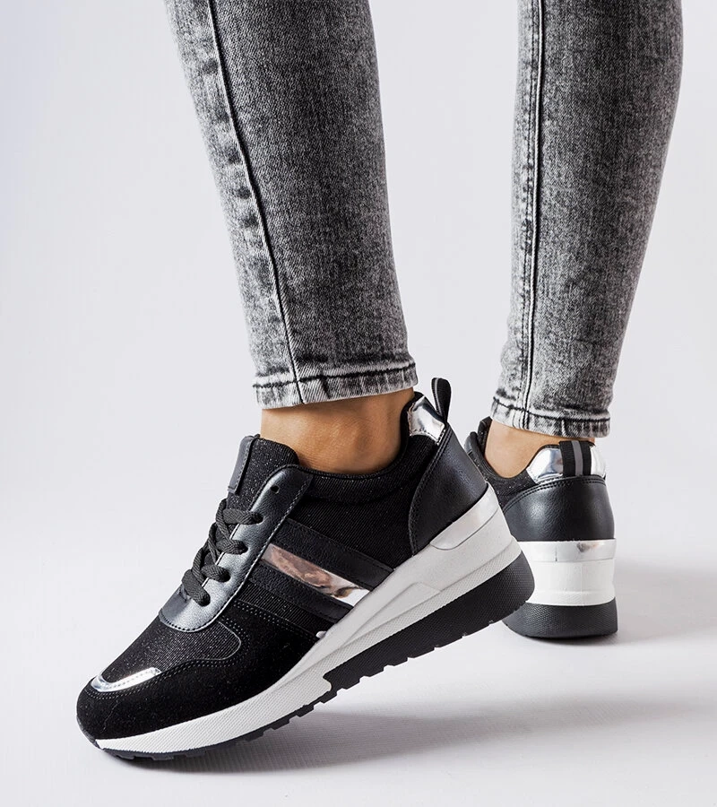 Czarno-Srebrne sneakersy na koturnie
