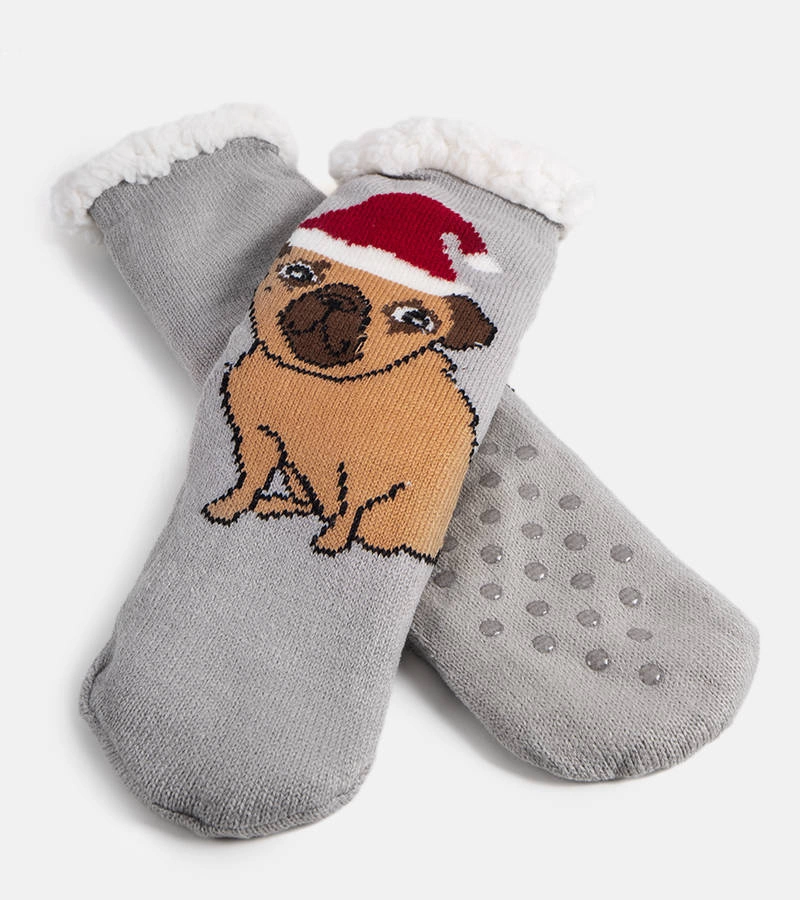Szare ciepłe skarpetki z pieskiem