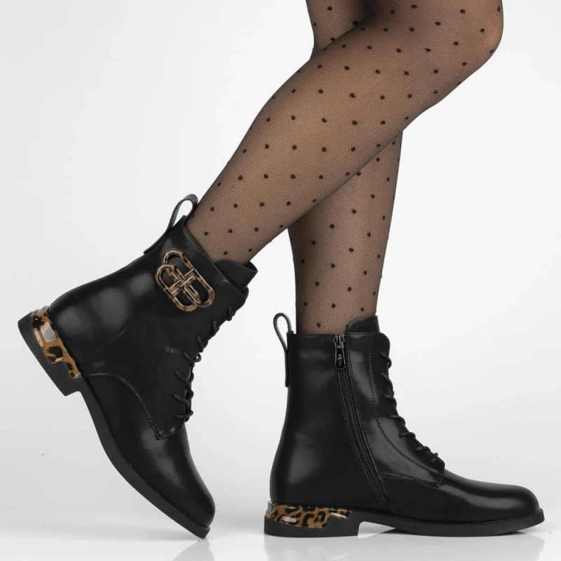 Hers Czarne botki ze skóry naturalnej zdobione panterką