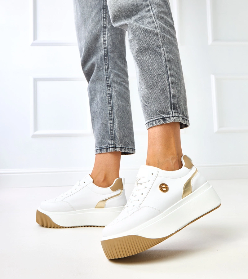 Hers Białe damskie sneakersy na platformie ze złotym motywem