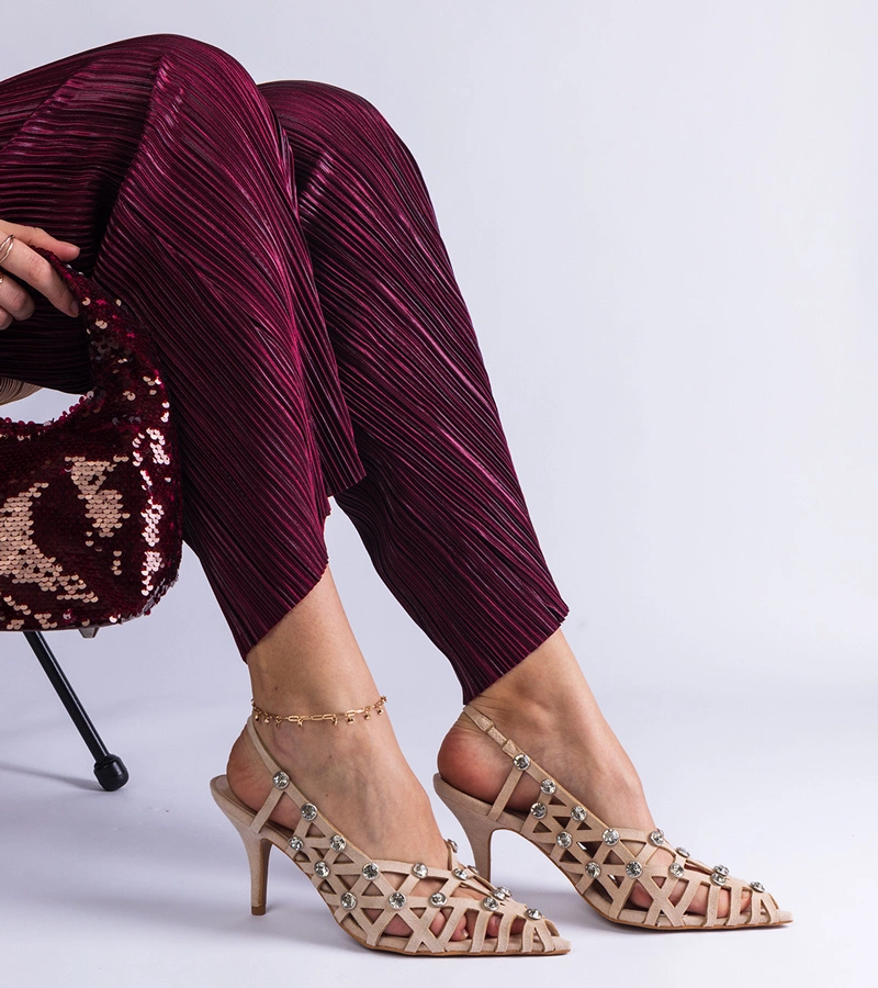 Hers sandały na szpilce damskie beżowe plecione z kamieniami