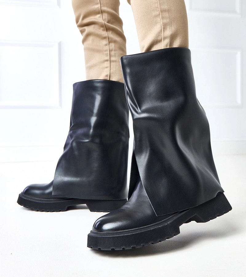 Hers Czarne  botki damskie z wywiniętą cholewką płaskie