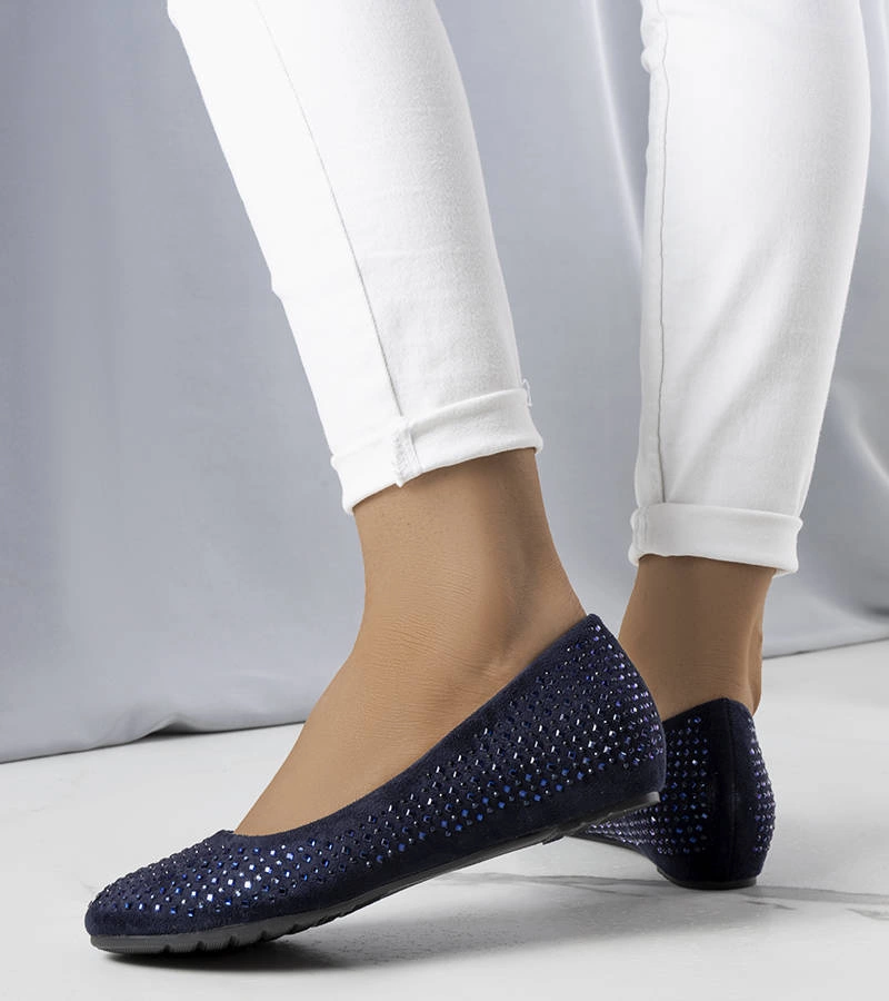 Granatowe balerinki z cyrkoniami na krytym koturnie