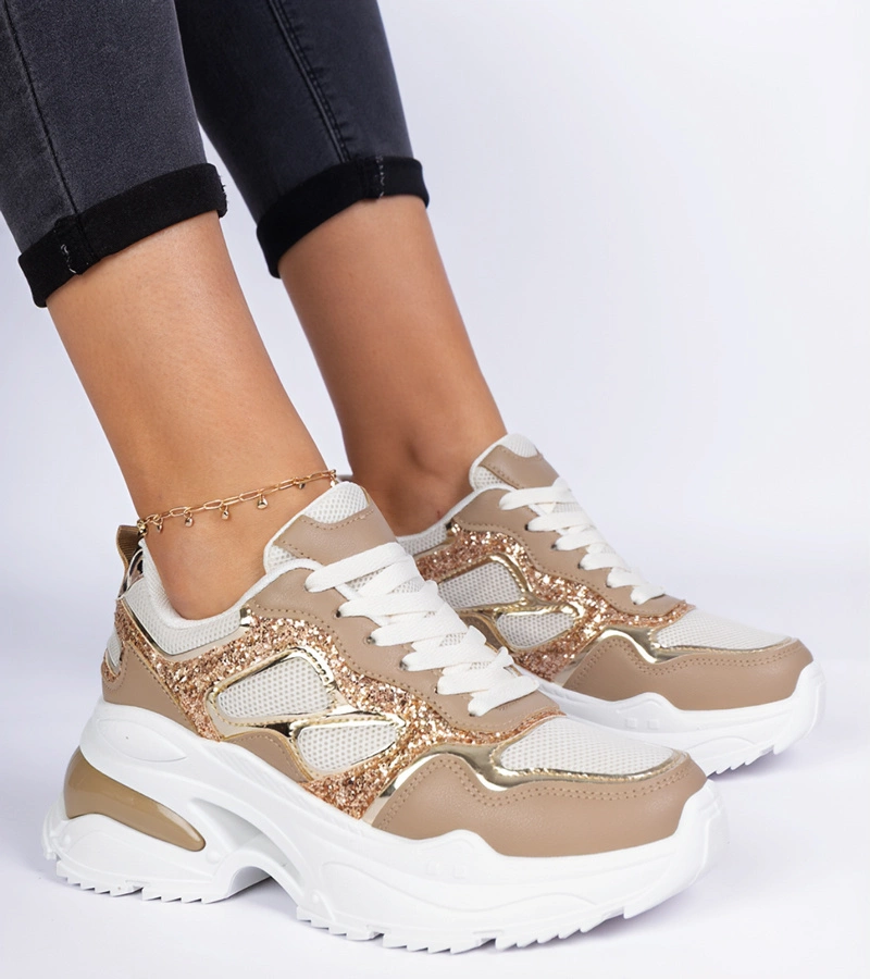 Hers Brązowe sneakersy damskie zdobione brokatem