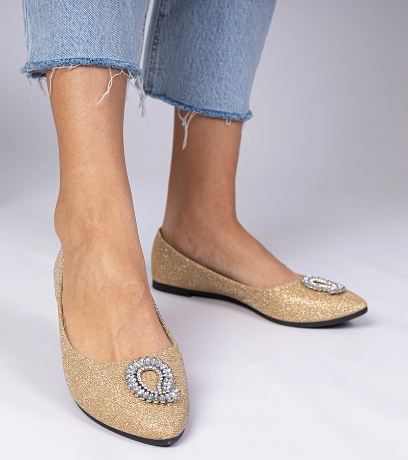 Hers Złote damskie balerinki brokatowe z cyrkoniami