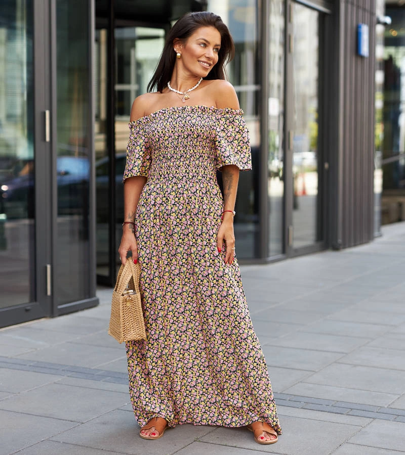 Pomarańczowo-różowa sukienka maxi w kwiatki