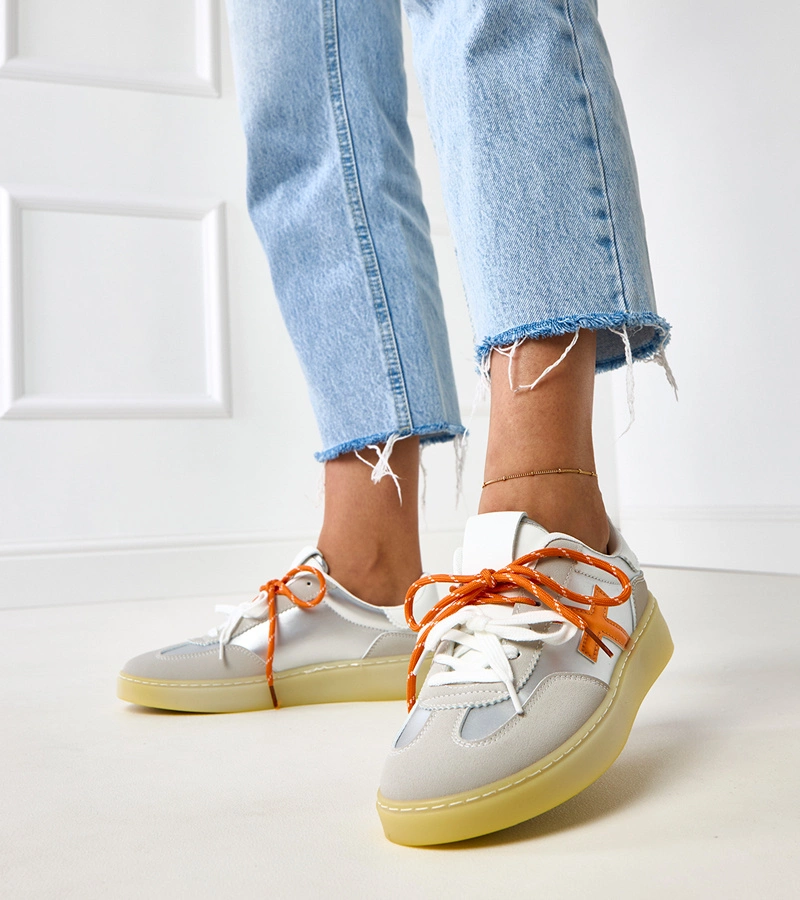 Hers Srebrno- pomarańczowe sneakersy na platformie damskie sportowe