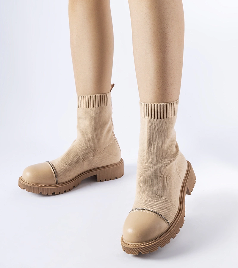 Brązowe skarpetowe botki z cyrkoniami