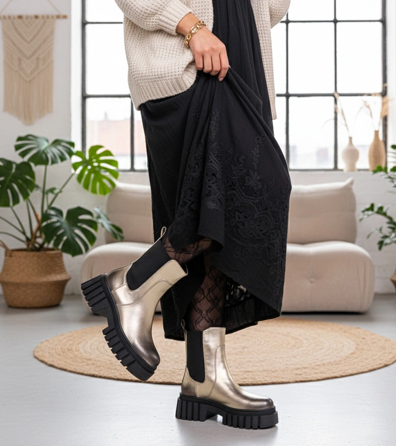 Hers Złote botki na platformie z elastyczną wstawką