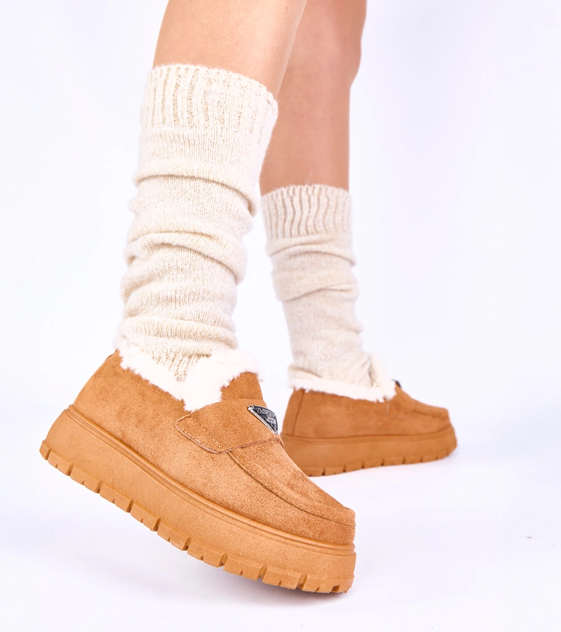 Hers Brązowe mokasyny na platformie ocieplane futerkiem