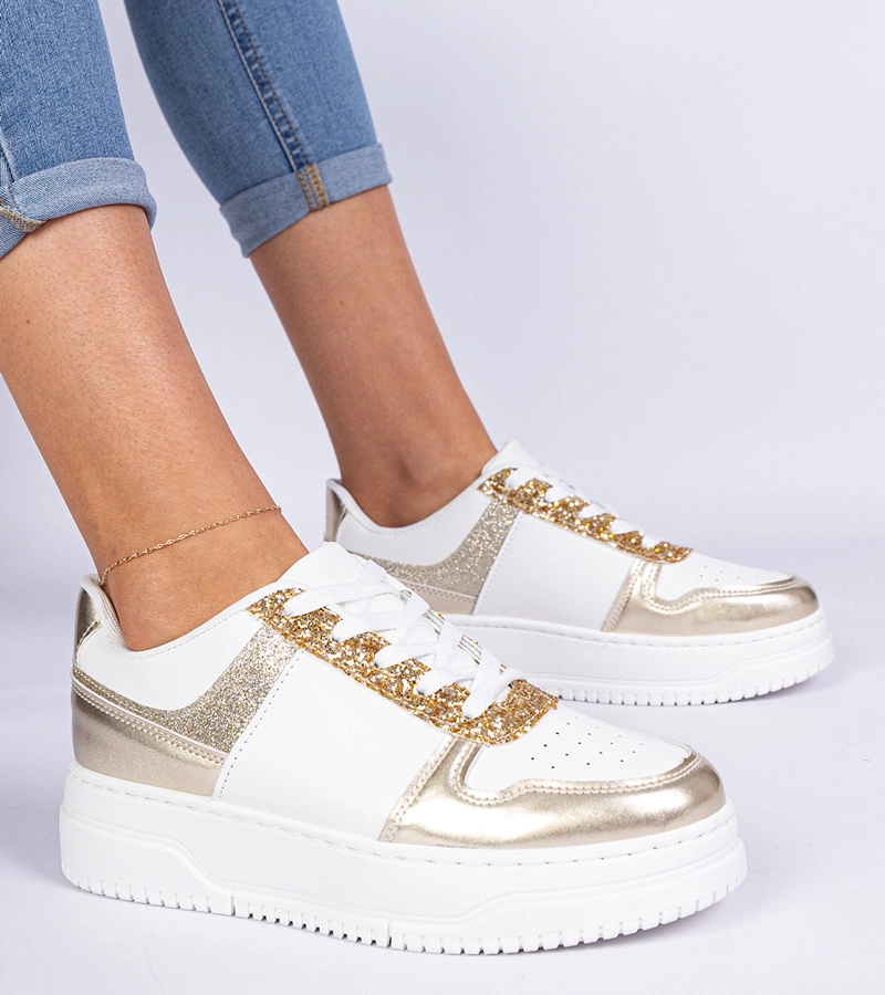 Hers Złote sneakersy damskie na grubej podeszwie zdobione brokatem