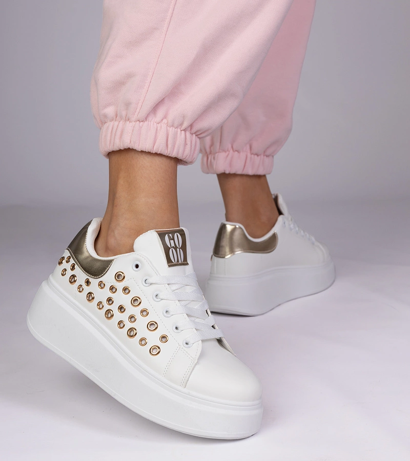 Hers Białe sneakersy ze złotą wstawką i ćwiekami
