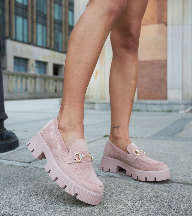 Różowe mokasyny z klamerką i cyrkoniami