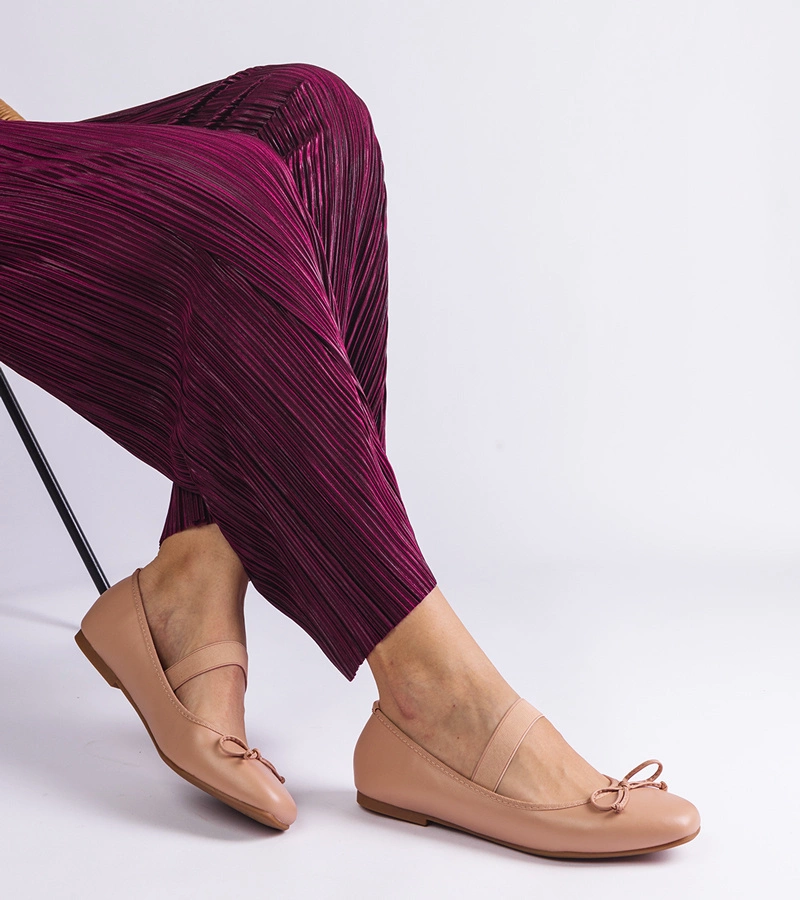 Hers Baleriny Damskie Beżowe z Gumką i Ozdobną Kokardką