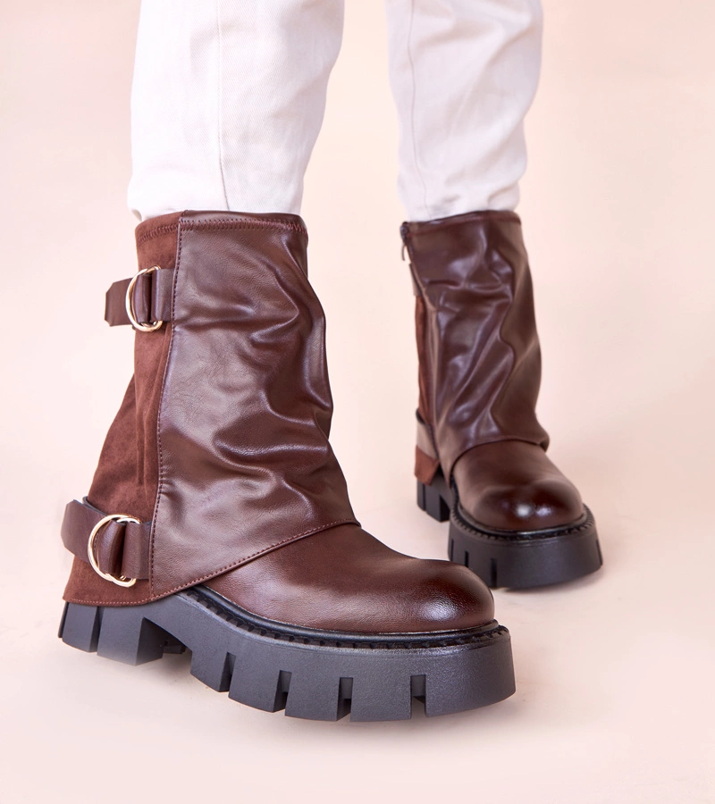 Hers Brązowe botki na platformie z wywiniętą cholewką