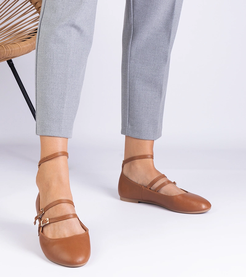 Hers Baleriny Damskie Brązowe z Ekoskóry ze Sprzączkami