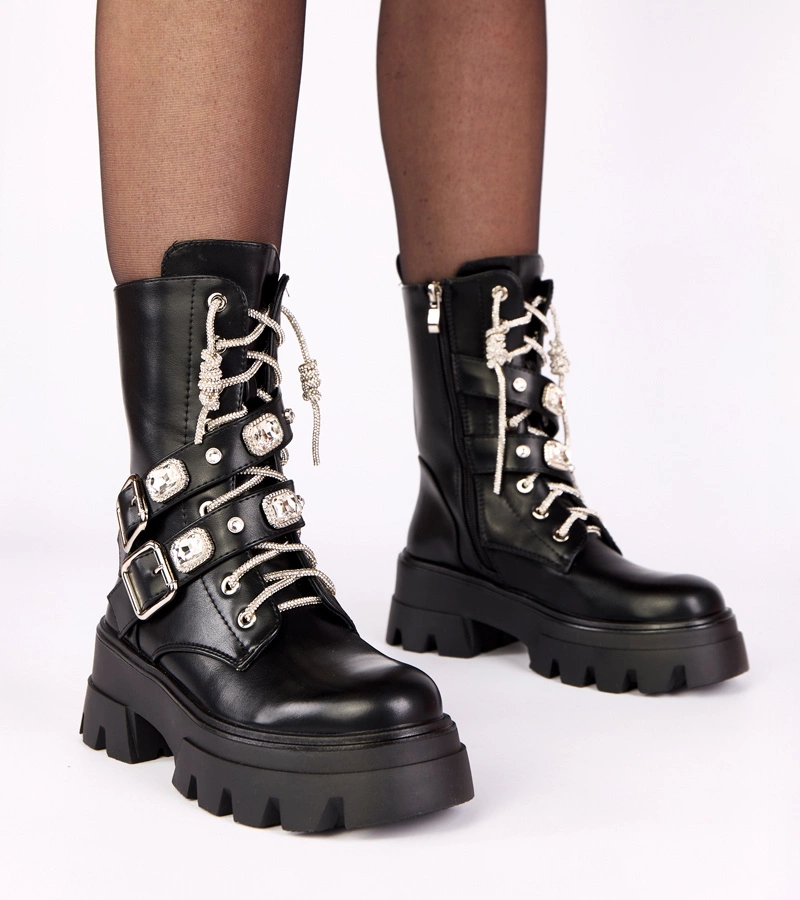Hers Czarne botki na platformie zdobione cyrkoniami