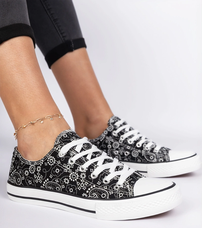 Hers Czarne trampki damskie materiałowe w azteckim stylu