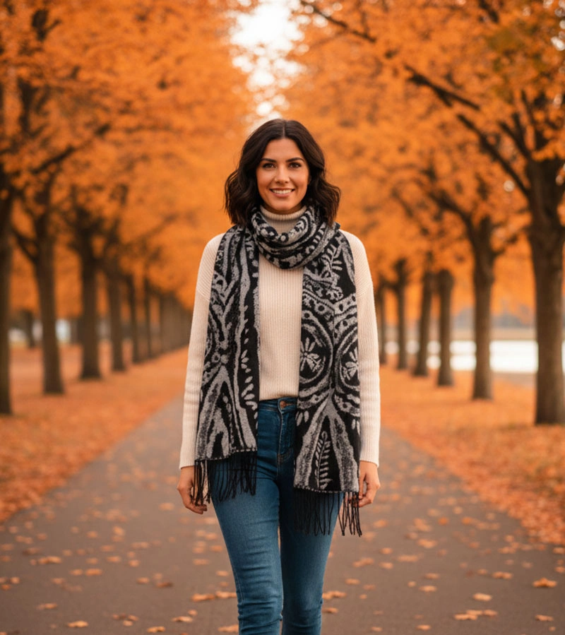 Czarno-biały szalik w kwiaty