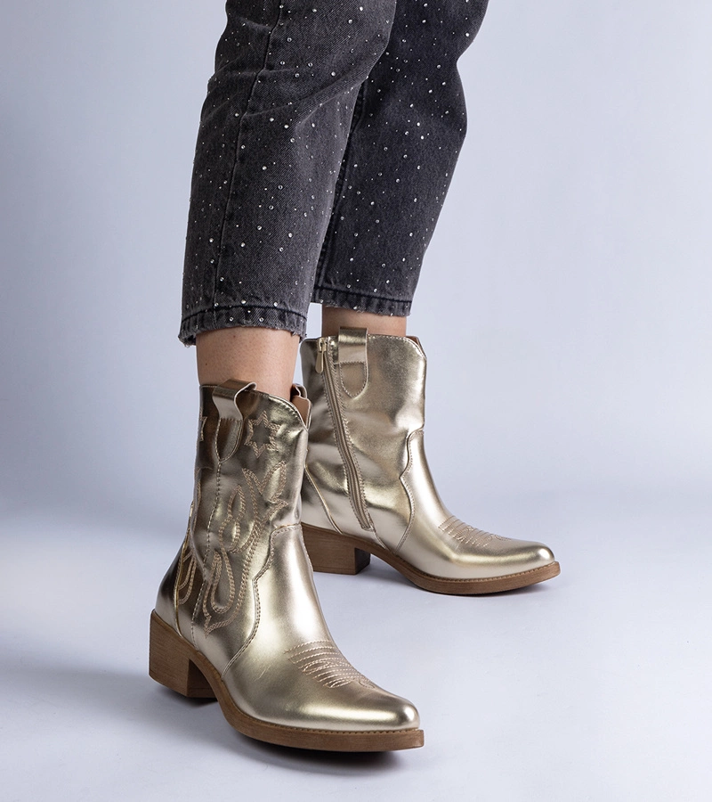 Hers Botki Damskie Złote Metaliczne Kowbojki Na Słupku Za Kostkę
