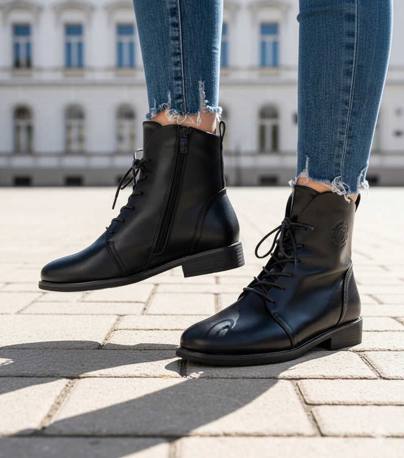 Hers Czarne botki wiązane z ociepleniem