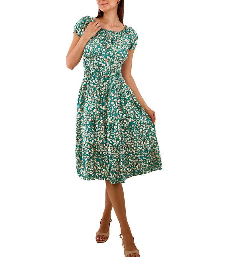 Zielona sukienka midi na krótki rękaw